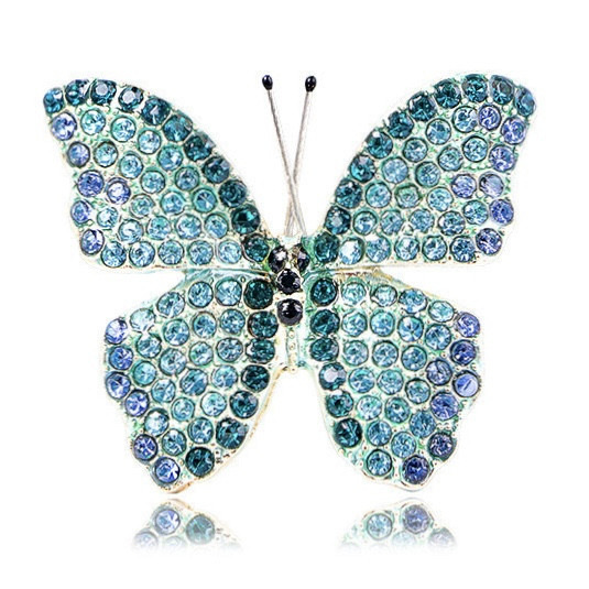 Брошка на золотистій основі метелик із бірюзовими та блакитними кришталевими стразами розмір 35х30 мм