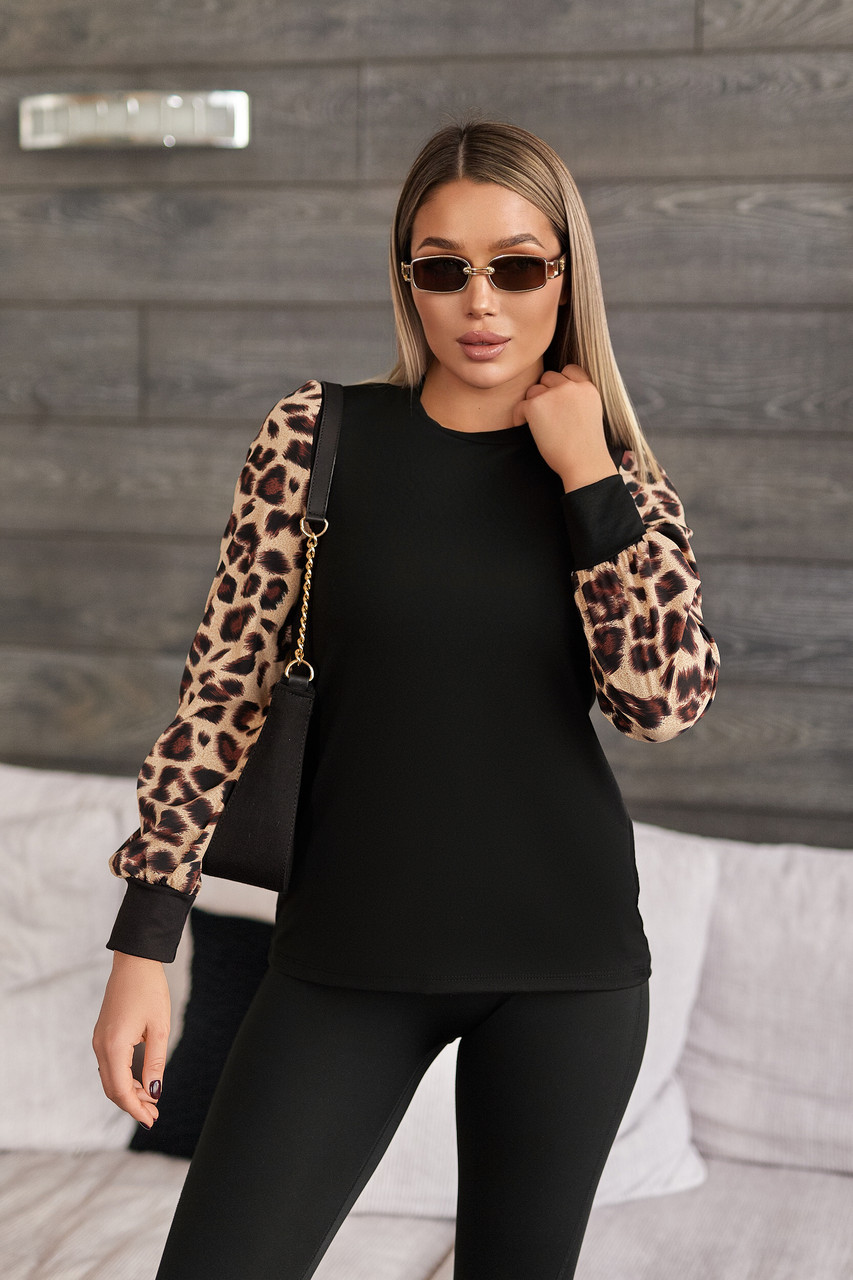 Стильна жіноча кофточка з леопардовими рукавами "Alberta" Норма та батал, фото 1