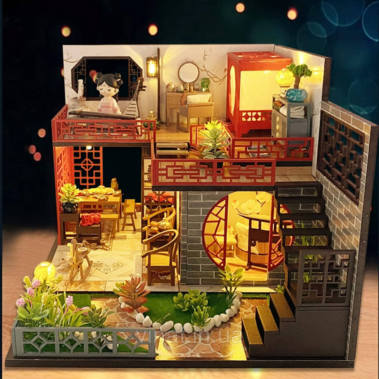 Румбокс Китайська Вілла з квітами DIY House Chinese Villa with Flowers Інтер'єрний конструктор MD-21 + купол