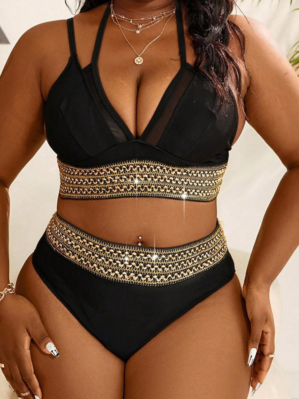 Купальник жіночий 56 роздільний чорний із золотим оздобленням великий розмір, фото 1
