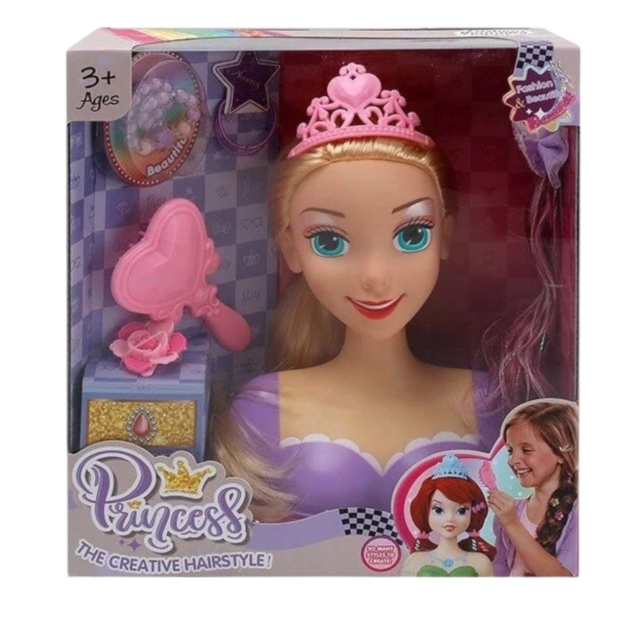 Манекен для зачісок Disney Princess (аксесуари, гребінець, корона, пасмо, у коробці) LK 1712 C