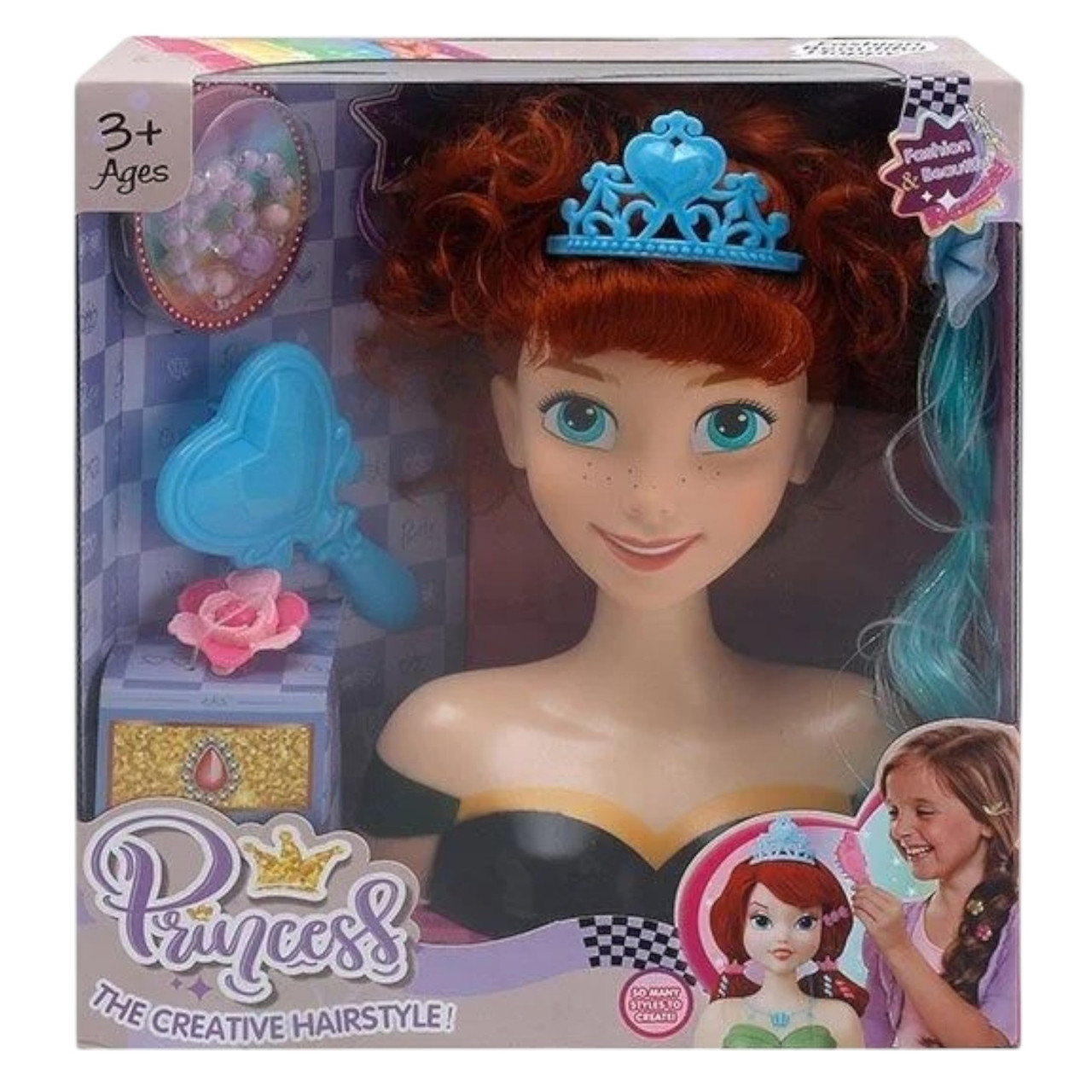 Манекен для зачісок Disney Princess (аксесуари, гребінець, корона, пасмо, у коробці) LK 1712 B