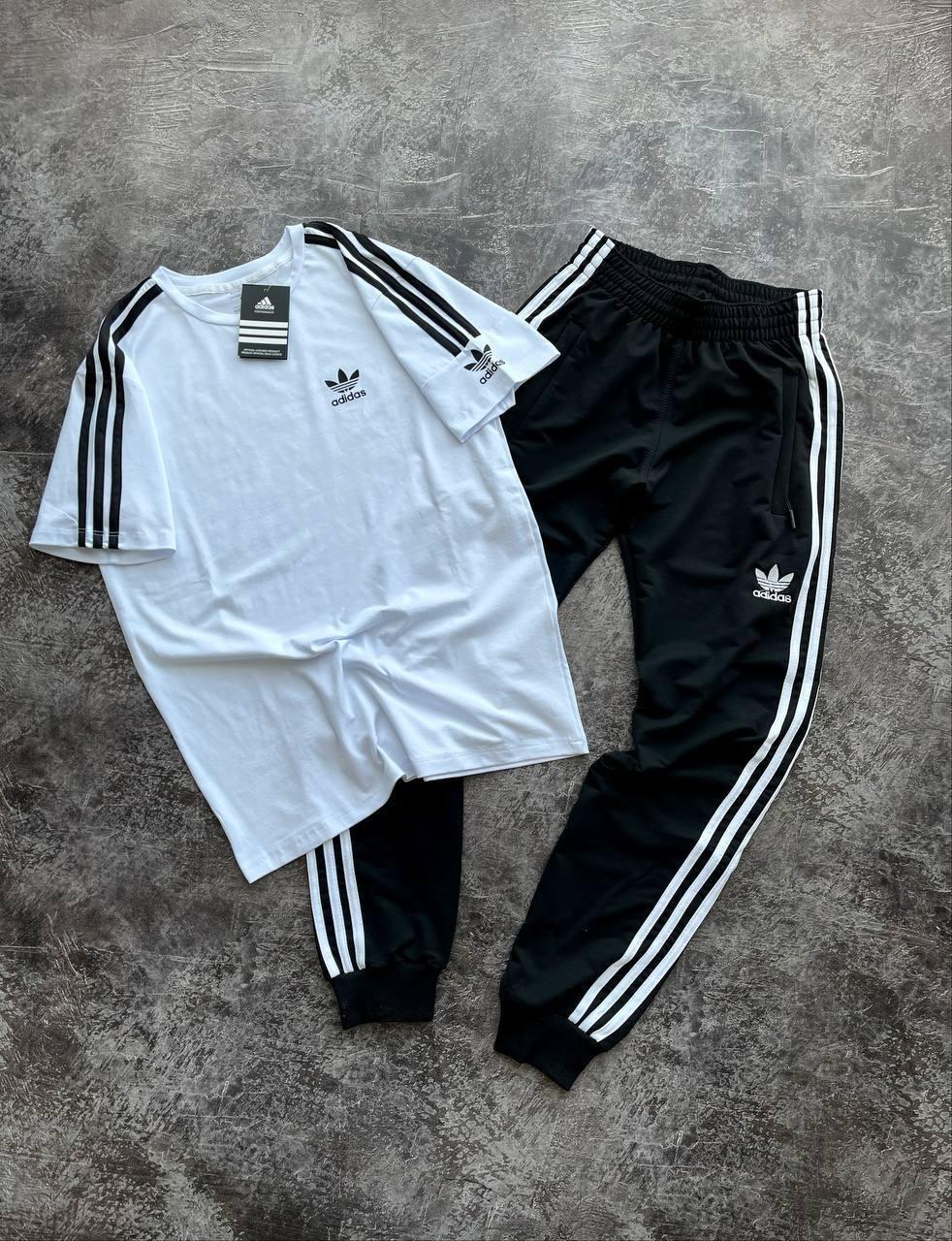 Чоловічий літній костюм Adidas білий з чорним Набір Адідас Футболка + Штани