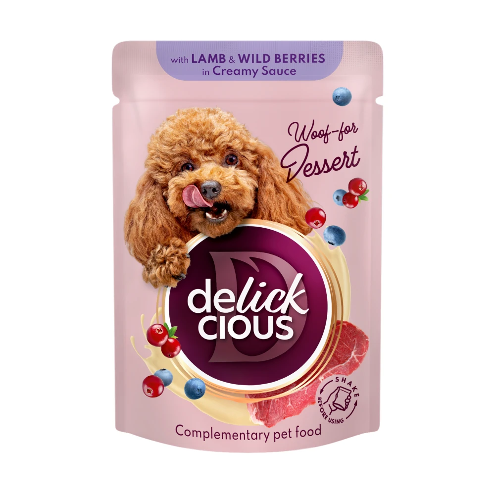 Вологий корм для собак Delickcious Пластівці з ягнятиною та лісовими ягодами у вершковому соусі 0,08кг, фото 1