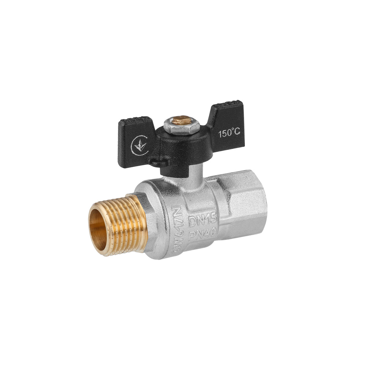 Кран кульовий Kroner 1/2" ВЗ PN40 метелик, нікельований, фото 1