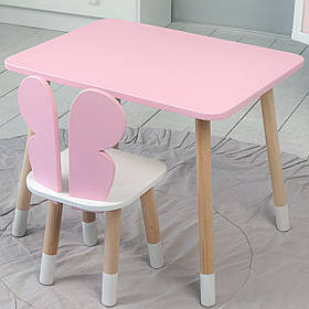 Дитячий столик прямокутний 46х60х45 і стільчик метелик 26.5х26х25, стіл та стілець для дітей, рожевий з білим
