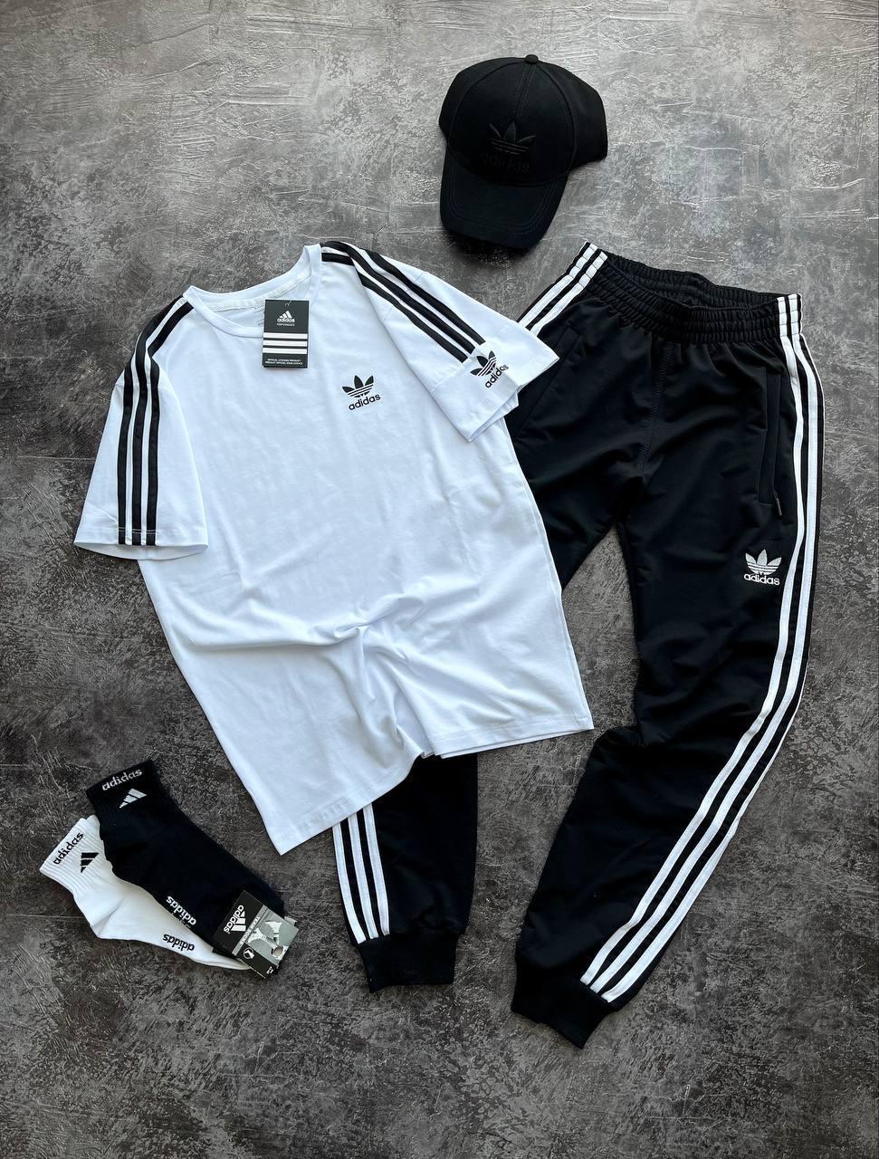 Чоловічий літній костюм Adidas білий з чорним Набір Адідас Футболка + Штани+ Кепка