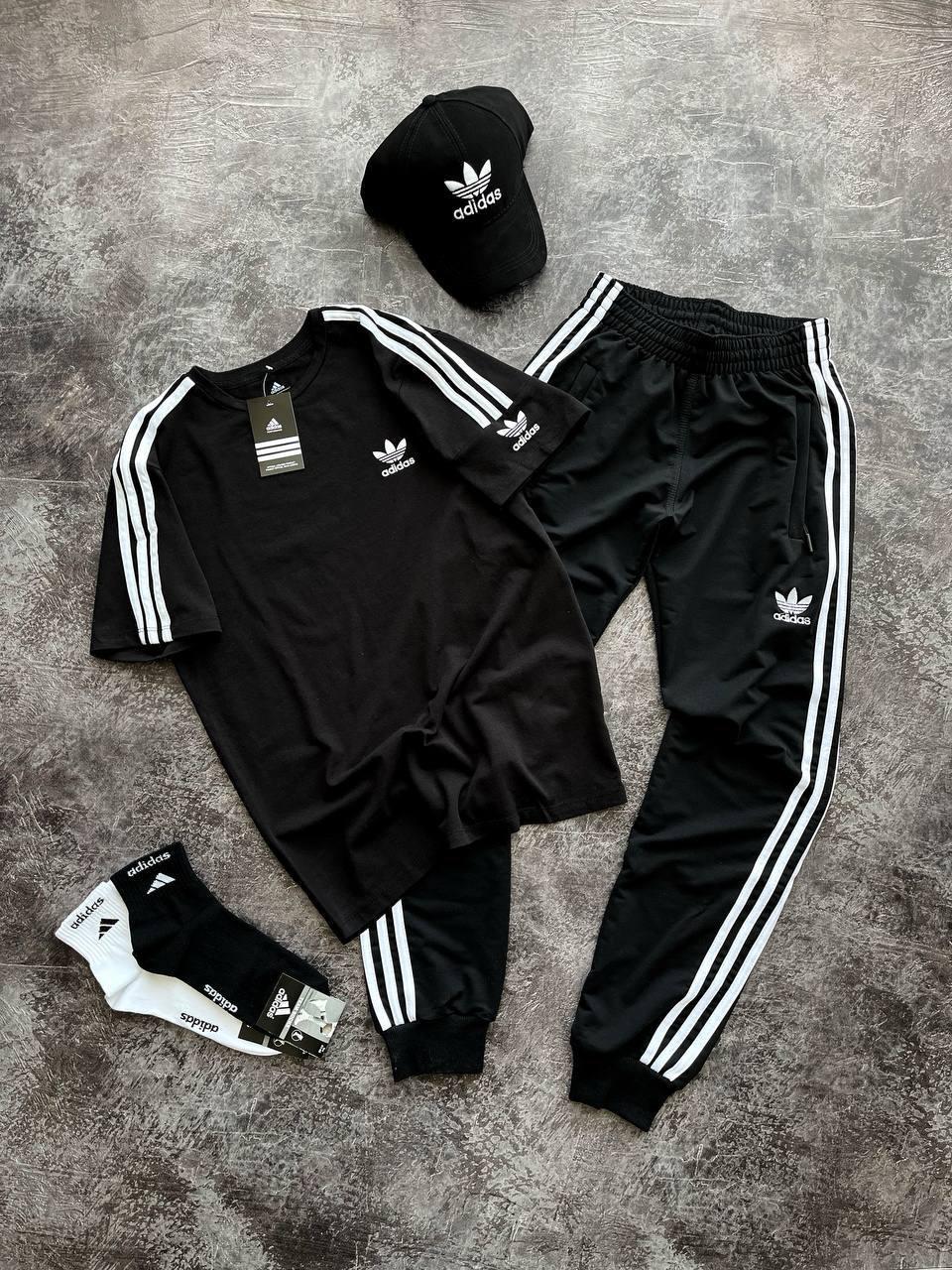 Чоловічий літній костюм Adidas чорний Набір Адідас Футболка + Штани+ Кепка