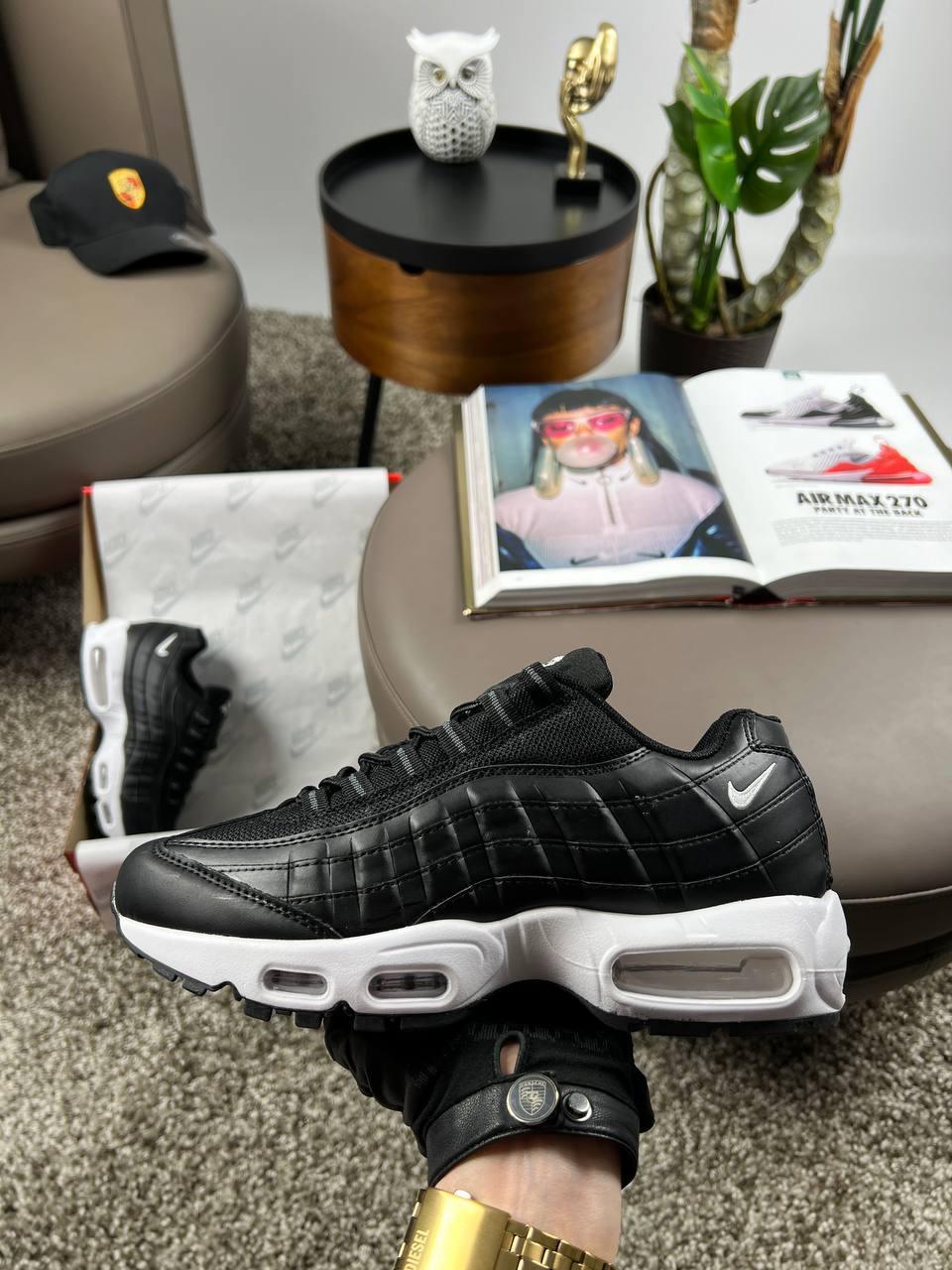 Чоловічі шкіряні текстиль кросівки Nike Air Max 95 All Black White, кеди Найк чорні весна осінь Чоловіче взуття