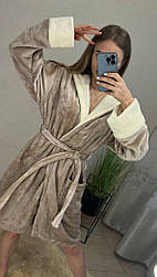 Халат теплий м'який жіночий бежевий короткий з капюшоном і поясом