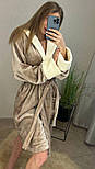 Халат теплий м'який жіночий бежевий короткий з капюшоном і поясом, фото 4