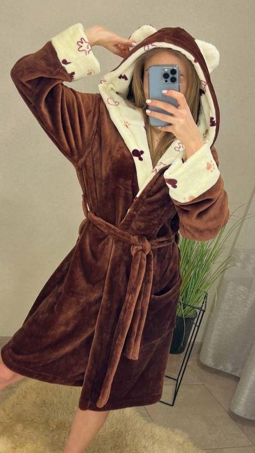 Халат теплий м'який жіночий короткий коричневий із капюшоном, фото 1
