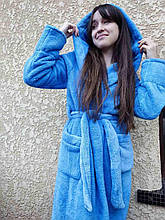 Натуральний халат махрові на поясі розмір 48 50 52 54 56, гарний яскравий жіночий халат банний Блакитний