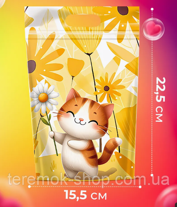 Пакет подарунковий двосторонній з малюнком Котик із зіп застібкою з ручкою 22 х15 см дитячий для солодощів, фото 1