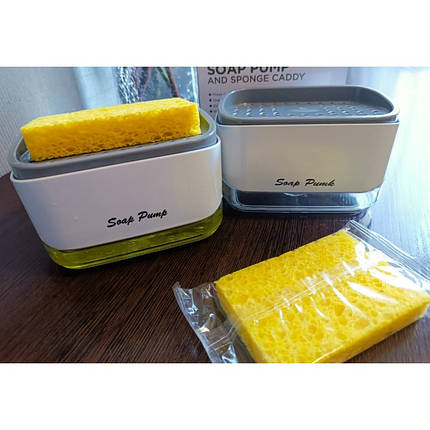 Дозатор для мийного засобу натискний з губкою Soap pump and sponge Біло-сірий (100), фото 1