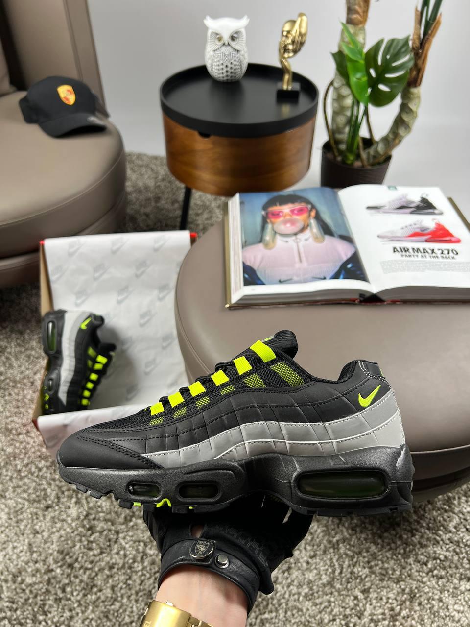 Чоловічі шкіряні текстиль кросівки Nike Air Max 95 Black Grey Lime, кеди Найк чорні весна осінь Чоловіче взуття