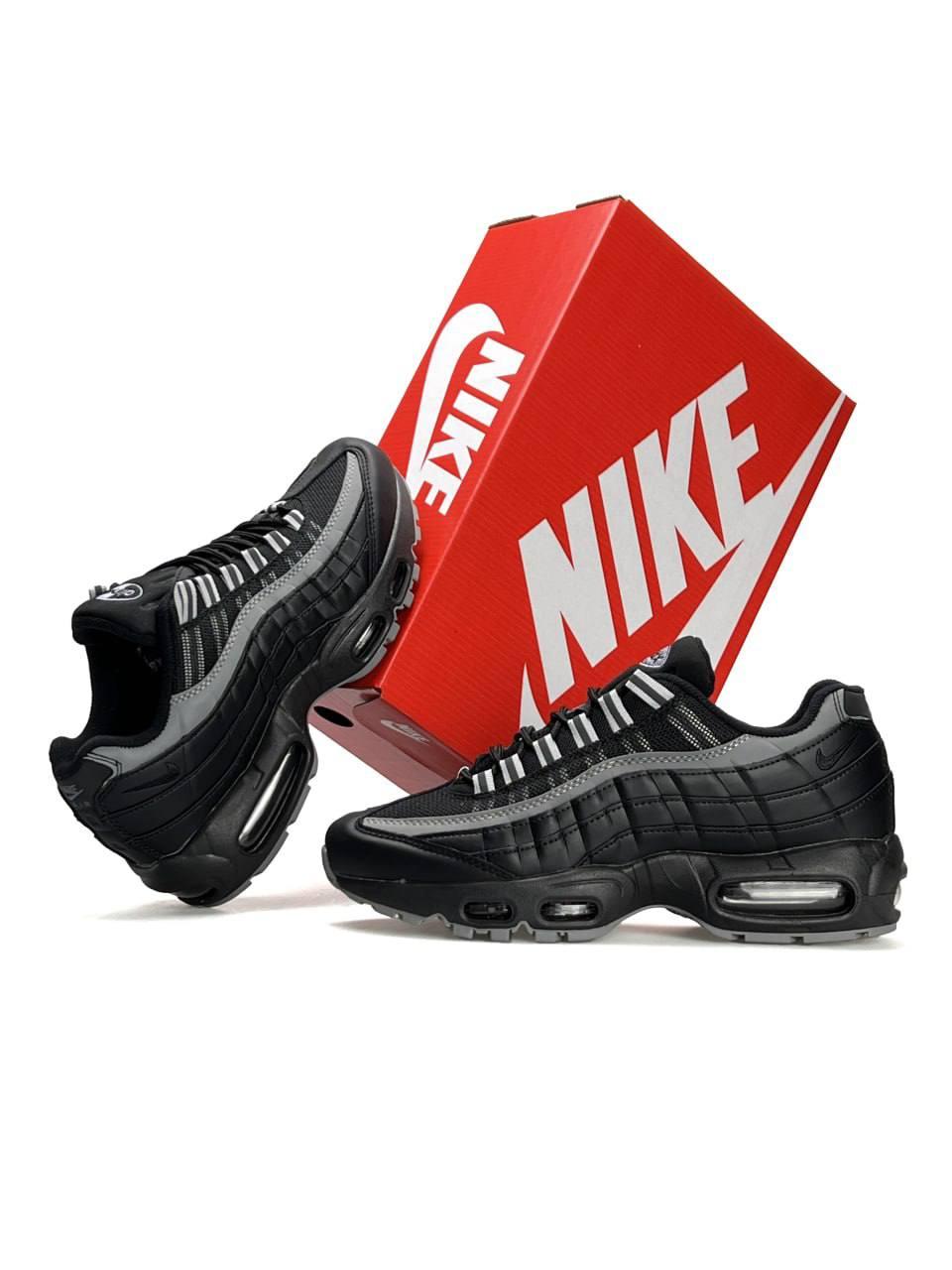 Чоловічі шкіряні текстиль кросівки Nike Air Max 95 All Black Grey, кеди Найк чорні весна осінь. Чоловіче взуття