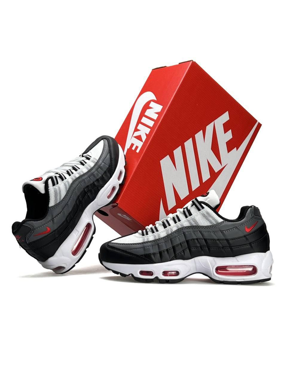 Чоловічі шкіряні текстиль кросівки Nike Air Max 95 Black Grey Red, кеди Найк чорні весна осінь. Чоловіче взуття