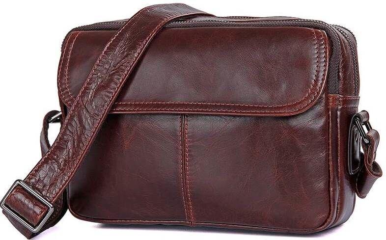 Чоловіча шкіряна сумка через плече планшет месенджер із натуральної шкіри коричнева 17*23,5*5 см, фото 1