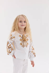 Блуза з вишивкою для дівчинки "Рута", дитяча біла вишиванка з бежевим орнаментом