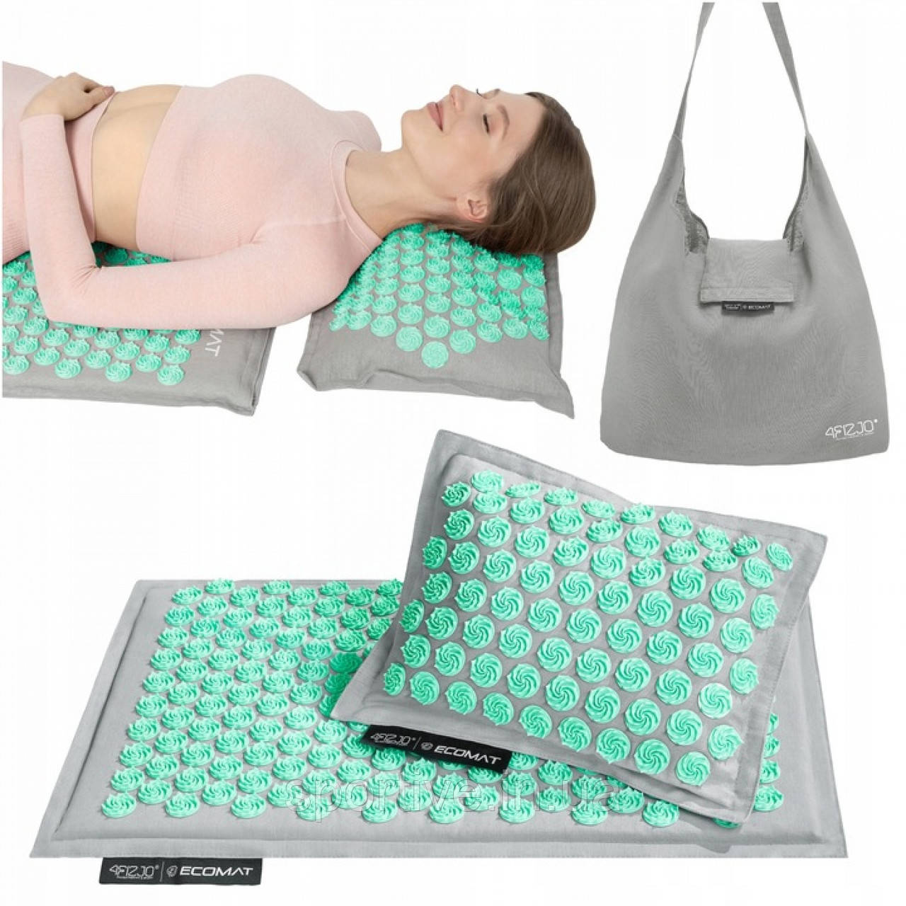 Килимок акупунктурний з подушкою 4FIZJO Eco Mat Аплікатор Кузнєцова Grey/Mint (P-5907739312181)