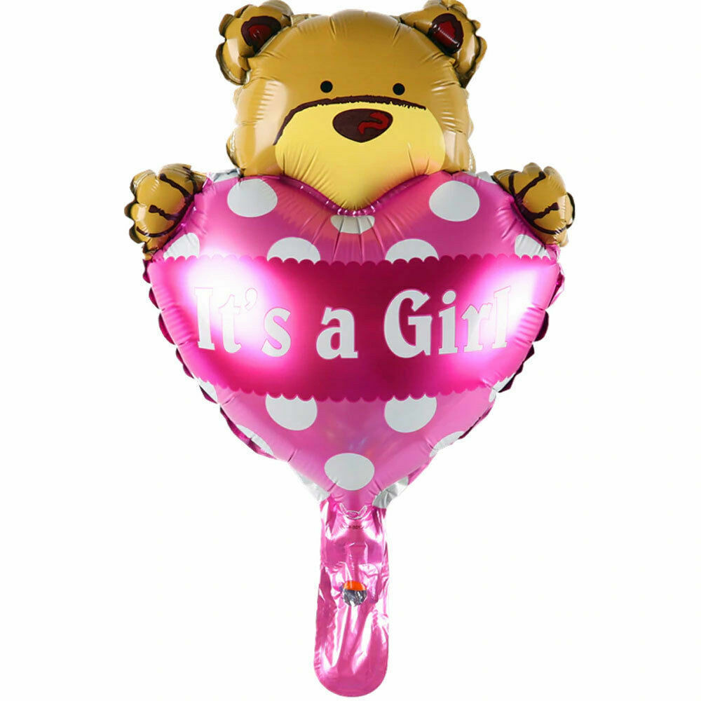 Фольгована кулька міні фігура Медведик з серцем та написом "It's a girl", фото 1