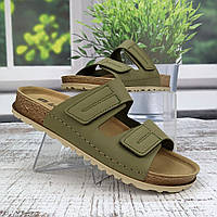 Шльопанці чоловічі Inblu на липучках оливкові шкіряні 3757