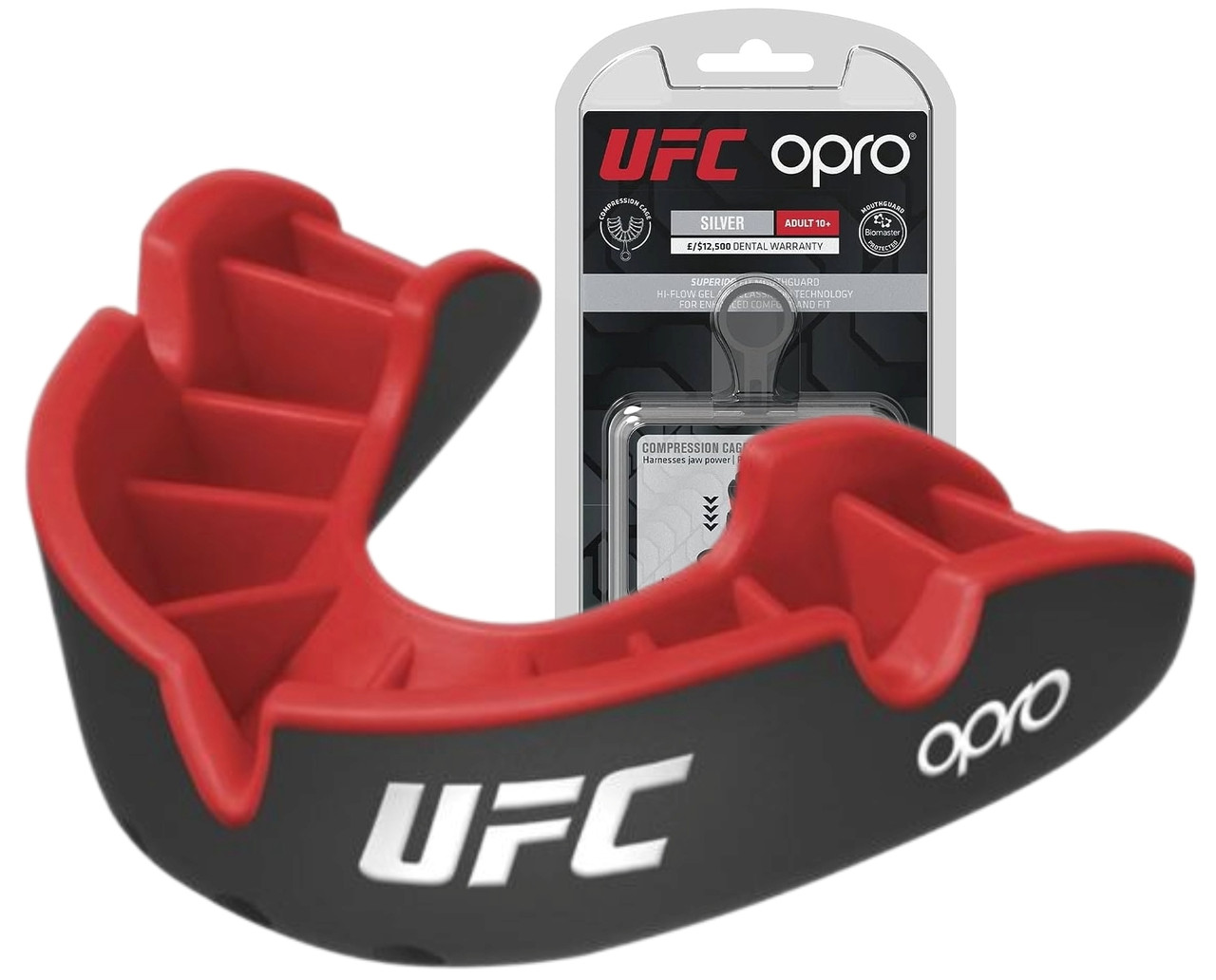 Капа для боксу ММА та єдиноборств OPRO Silver UFC Black/Red доросла з антимікробним футляром двошаровий захист