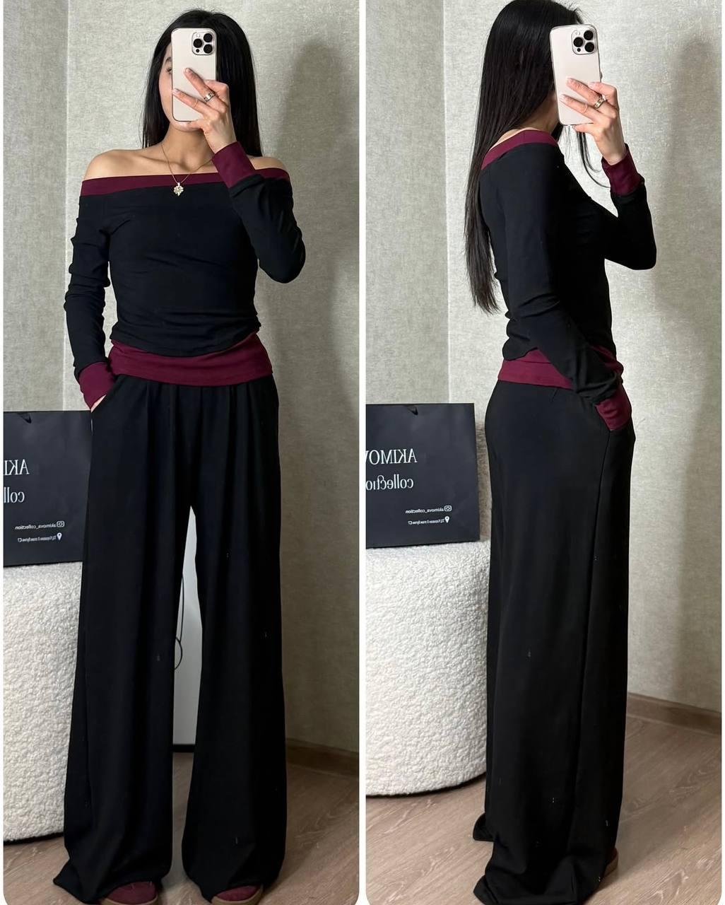 Жіночий демісезонний чорний комплект-двійка з віскози: кофта-обманка з бордовою вставкою і прямі штани, фото 1
