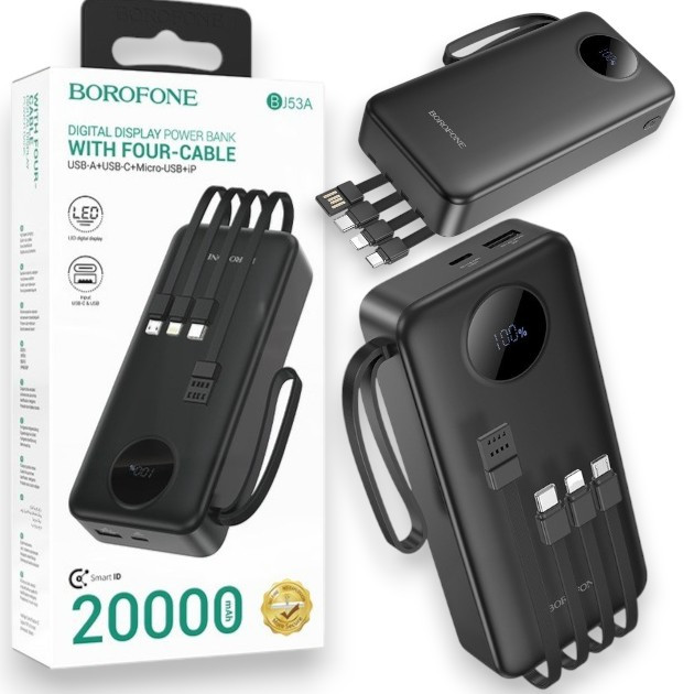 Повербанк із вбудованими кабелями Power Bank Borofone BJ53A 20000 mAh Повербанк із швидкою зарядкою, чорний