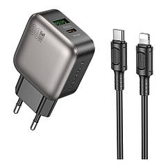 Мережевий зарядний пристрій Borofone BAS55A 1 USB-C/1USB PD/QC 30W GAN+Type-C to Lightning Колір Чорний