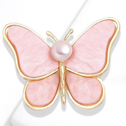 Брошка на золотистій основі метелик із рожевими мерехтливими крильцями та намистиною розмір 40х35 мм, фото 1