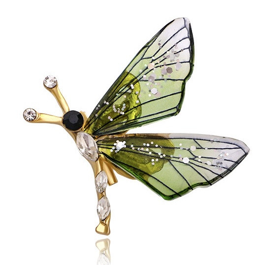 Брошка на золотистій основі метелик із зеленими крильцями з блискіточками та білими стразами розмір 35х30 мм