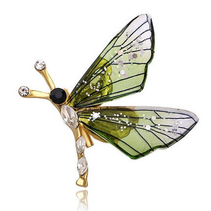 Брошка на золотистій основі метелик із зеленими крильцями з блискіточками та білими стразами розмір 35х30 мм, фото 1