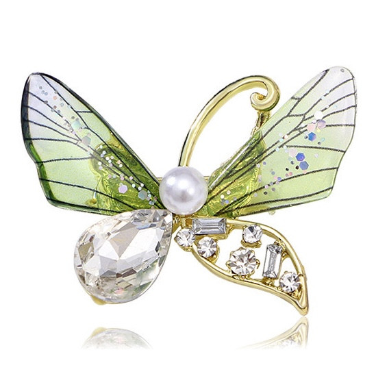 Брошка на золотистій основі метелик із зеленими крилами з блискітками та намистиною розмір 40х30 мм