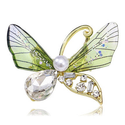 Брошка на золотистій основі метелик із зеленими крилами з блискітками та намистиною розмір 40х30 мм, фото 1