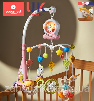 Карусель музична дитяча, мобіль на ліжечко, нічник, мелодії Рожевий, фото 1