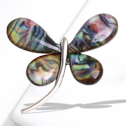 Брошка на сріблястій основі бабка з крильцями галіотіс розміром 35х30 мм, що переливаються, фото 1