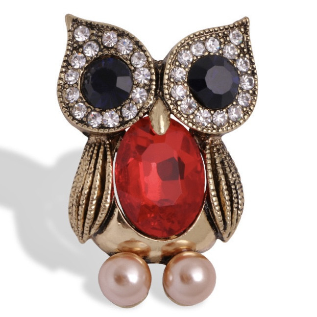 Брошка металева на золотистій основі сова з червоними та чорними стразами та намистинами розмір 45х30 мм