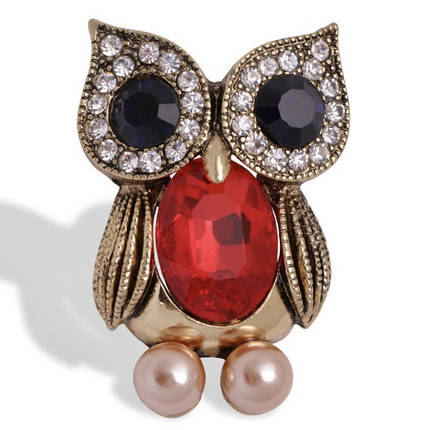 Брошка металева на золотистій основі сова з червоними та чорними стразами та намистинами розмір 45х30 мм, фото 1