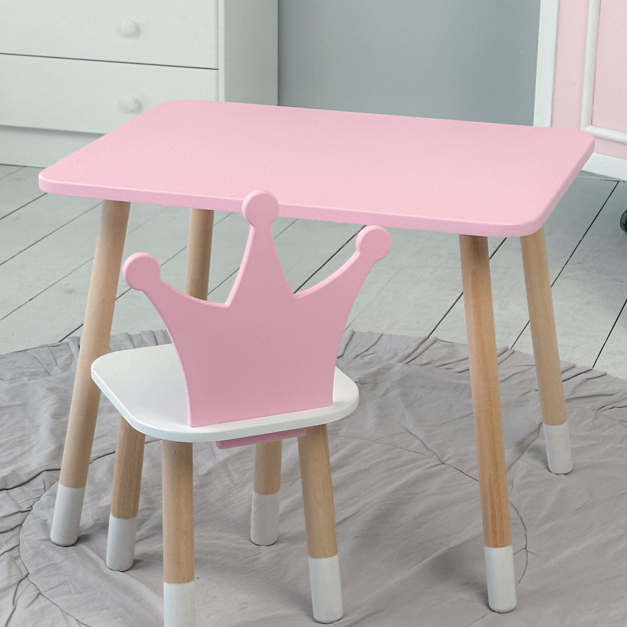 Дитячий столик з дерева 46х60х45 і стільчик спинка в виді корони 26.5х26х25, стіл та стілець для дівчинки, рожевий з білим, фото 1