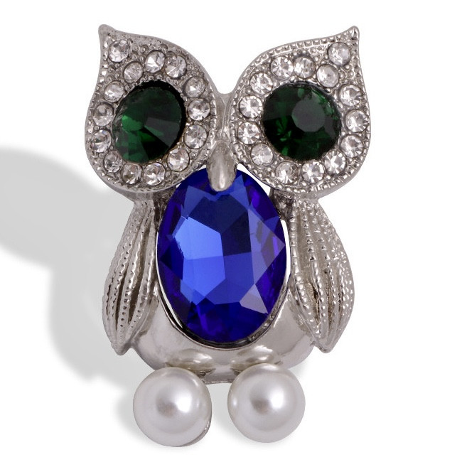 Брошка металева на сріблястій основі сова із зеленими та синіми стразами та намистинами розмір 45х30 мм