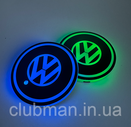 Светодиодная интелектуальная автомобильная подсветка подстаканника с логотипом VW (Фольксваген) RGB, фото 1