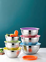 Набір неіржавких мисок із кришками 18-28 см 6 шт., великі салатні миски з антиковзною поверхнею