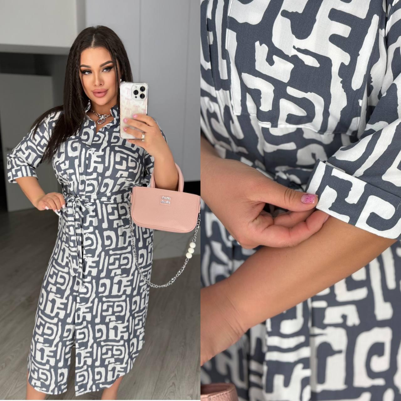 Сіре плаття на ґудзиках зі штапелю з абстрактним принтом, фото 1