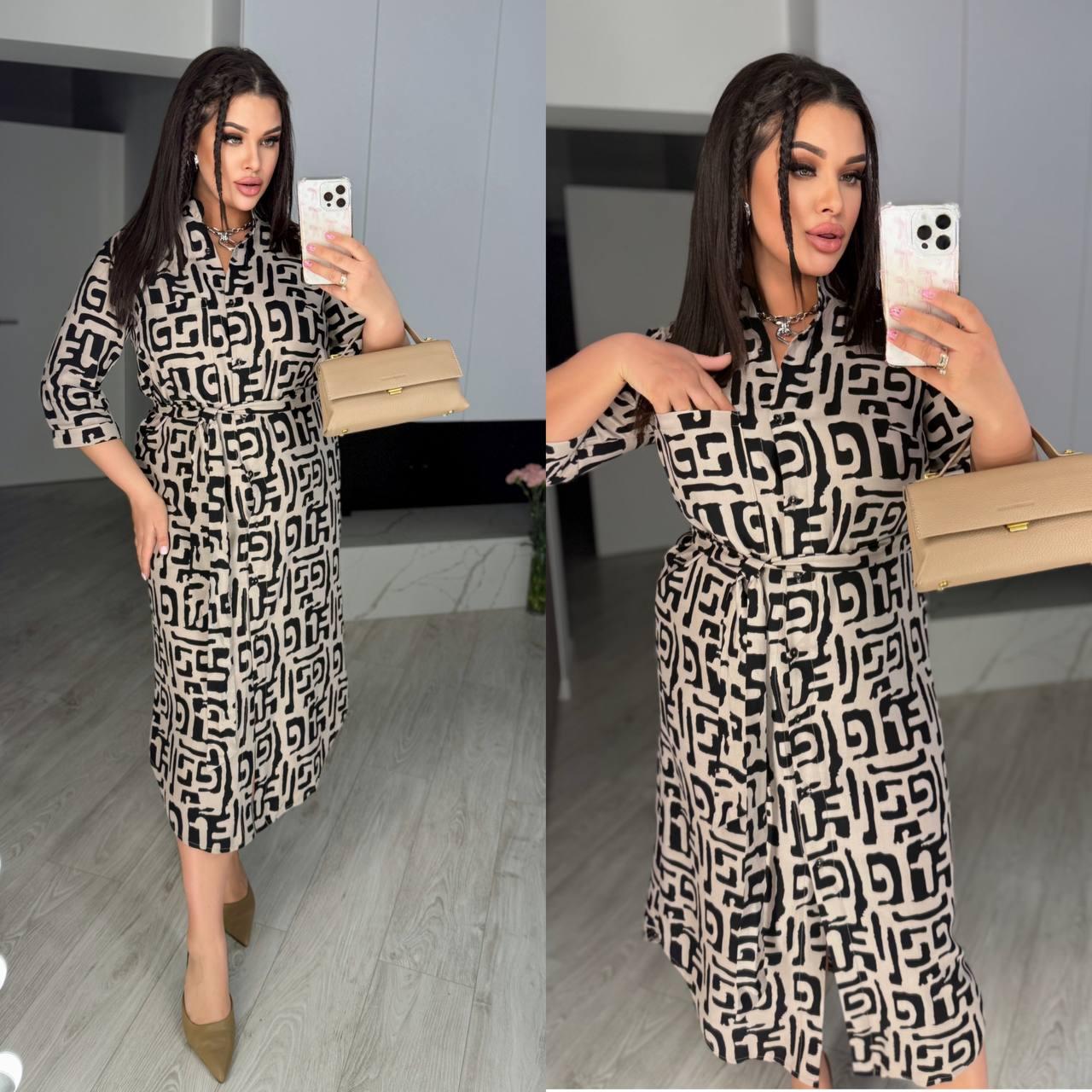 Кавове плаття на ґудзиках зі штапелю з абстрактним принтом, фото 1