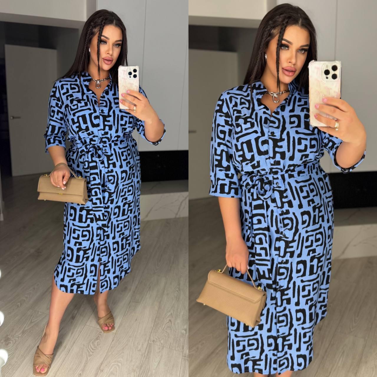 Блакитне плаття на ґудзиках зі штапелю з абстрактним принтом, фото 1