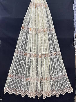 Коротка тюль сітка на метраж, кремового кольору з коричневою вишивкою, висота 1,5 м (136-3)