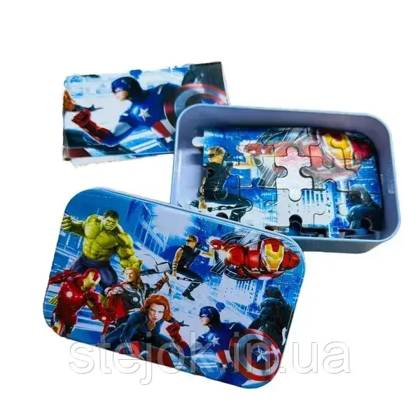 Пазл дерев'яний 60 шт. Супер герої II металева коробка, фото 1