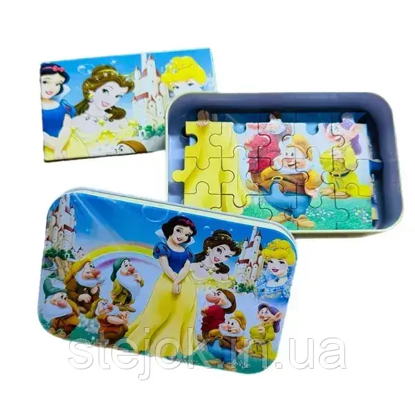Пазл дерев'яний 60 шт. Принцеси II металева коробка, фото 1